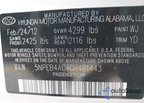 2012 Hyundai Sonata Gls из США, поврежденный, VIN 5NPEB4AC4CH481443